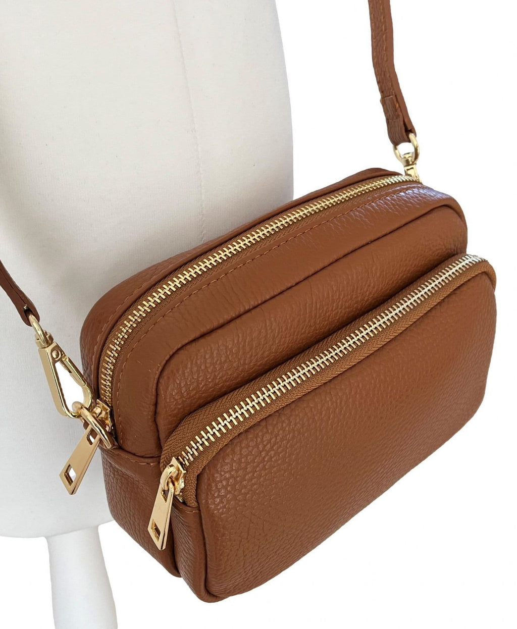 Leather Crossbody Bag Double Zipped & Compartments Shoulder Bag  Italian Leather Sm  Lighter Cols