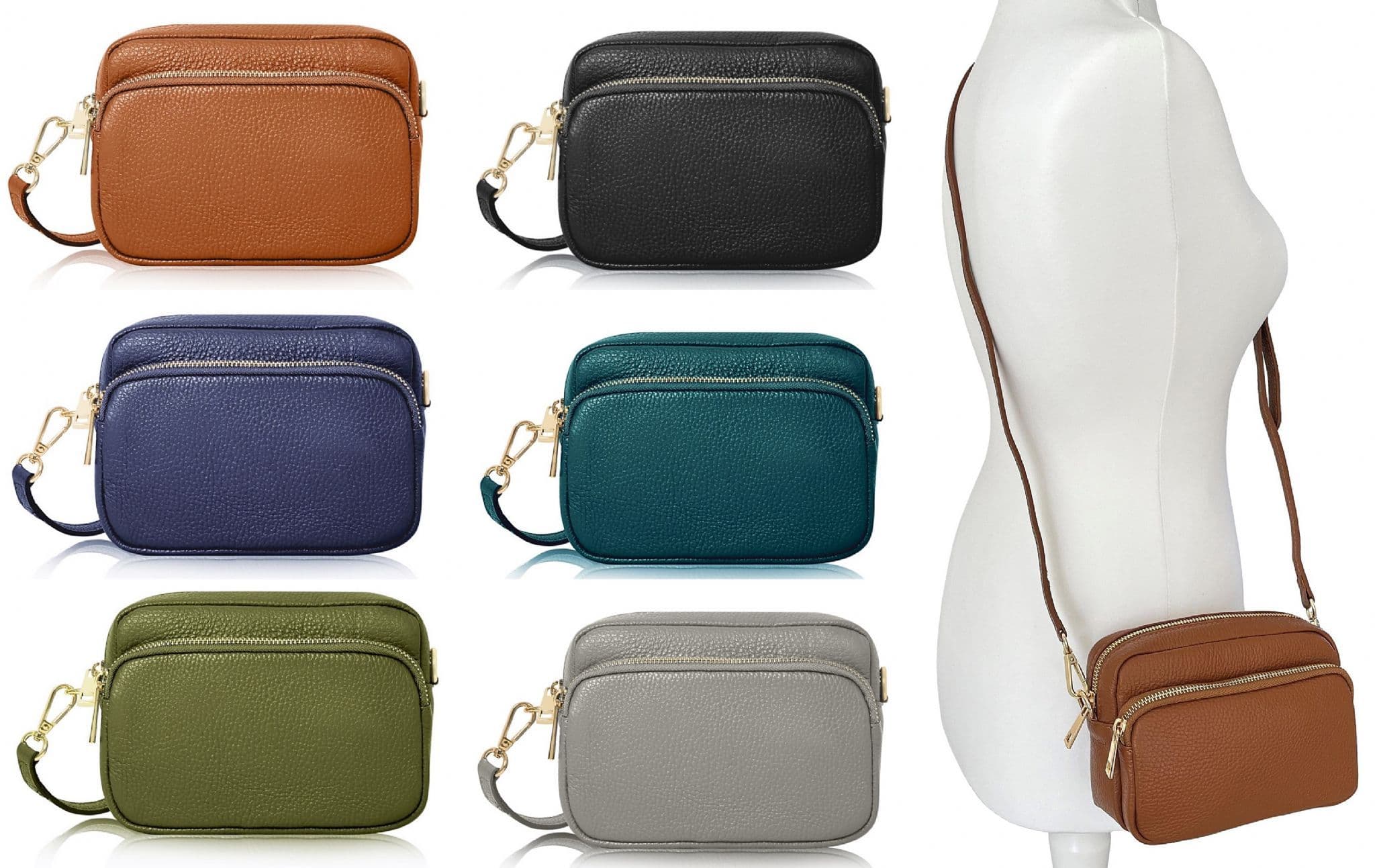 Leather Crossbody Bag Double Zipped & Compartments Shoulder Bag  Italian Leather Sm  Lighter Cols