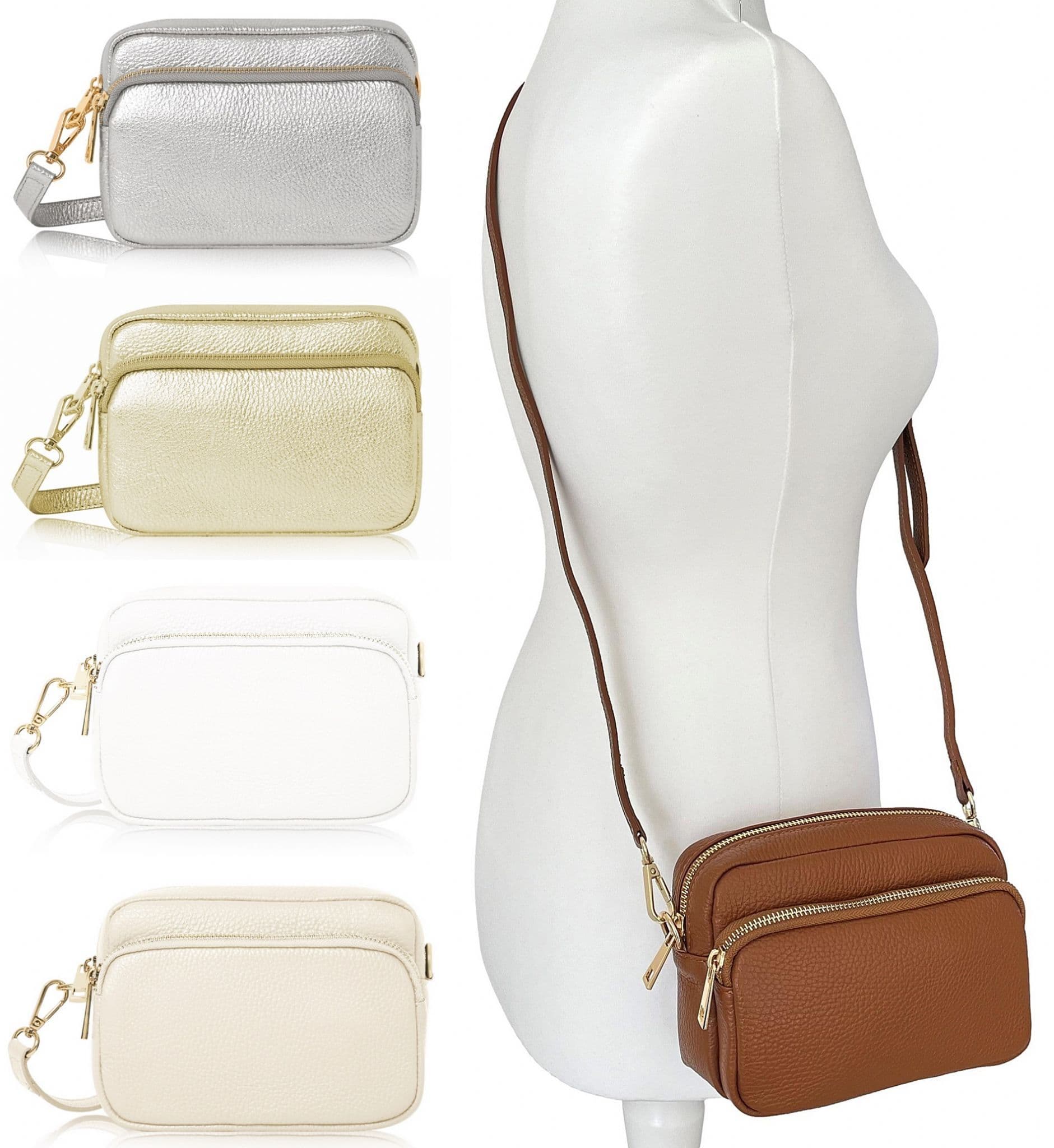 Leather Crossbody Bag Double Zipped & Compartments Shoulder Bag  Italian Leather Sm  Lighter Cols