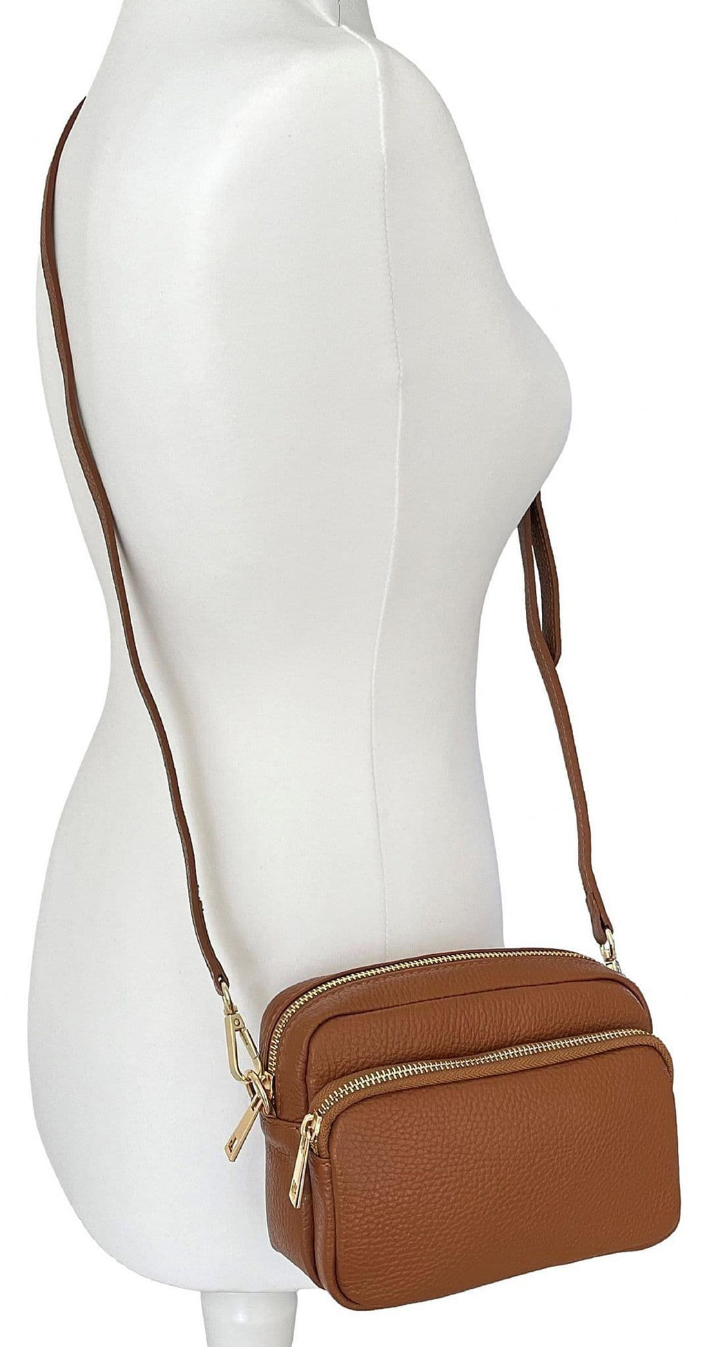 Leather Crossbody Bag Double Zipped & Compartments Shoulder Bag  Italian Leather Sm  Lighter Cols