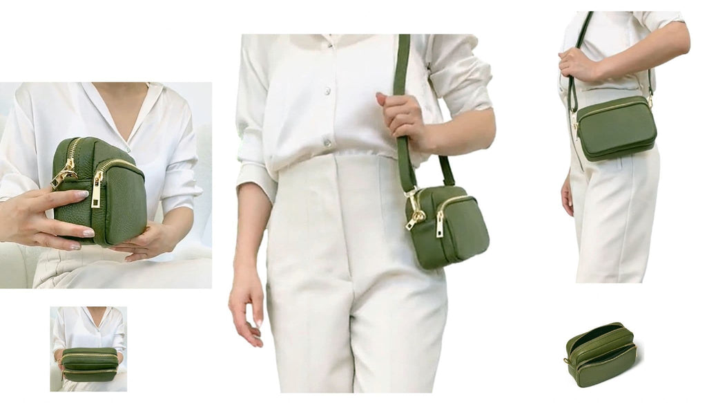 Leather Crossbody Bag Double Zipped & Compartments Shoulder Bag  Italian Leather Sm  Lighter Cols