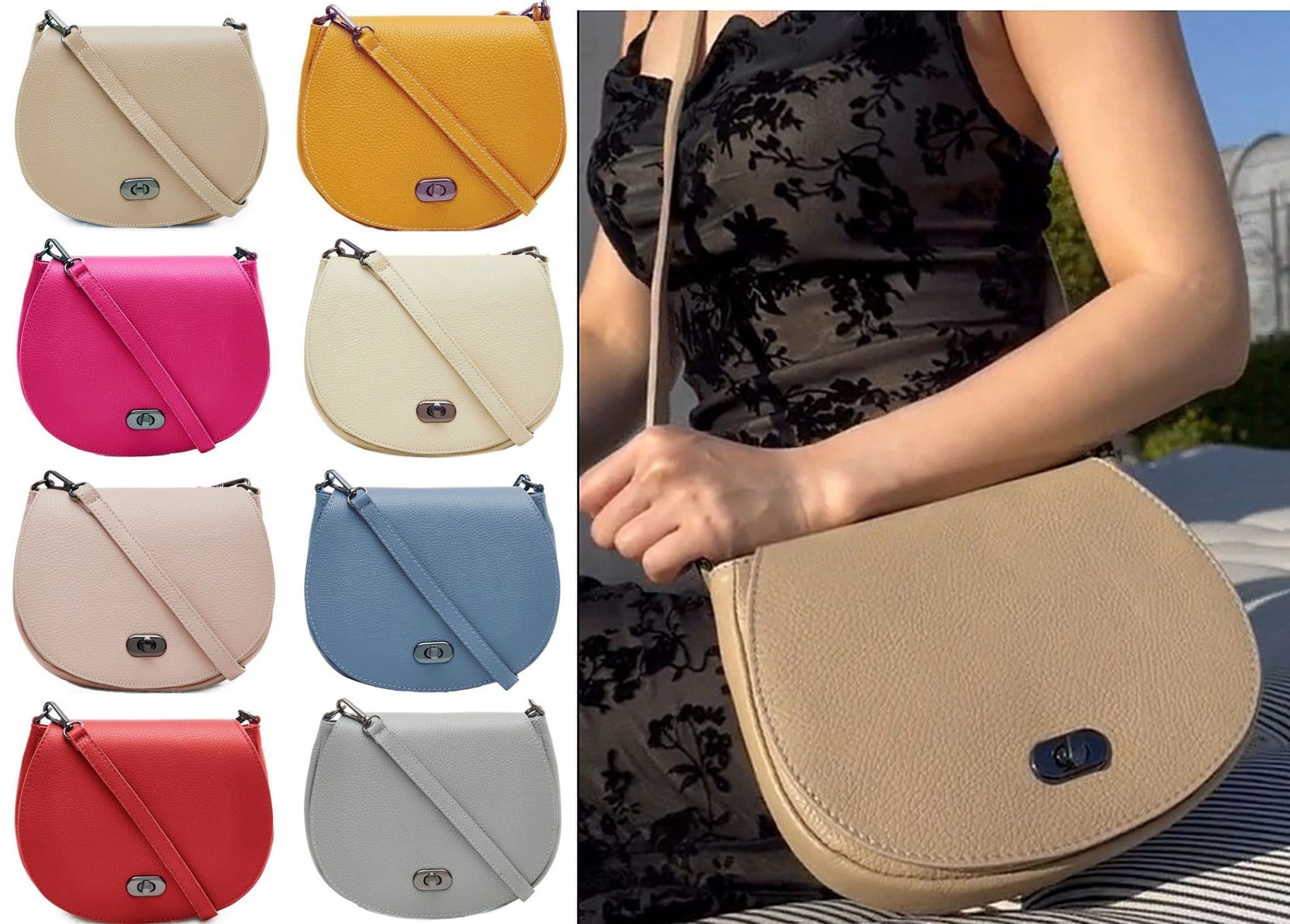 Leather Saddle Small Italian Leather Crossbody Shoulder Bag Detachable Strap (Darker Colours)