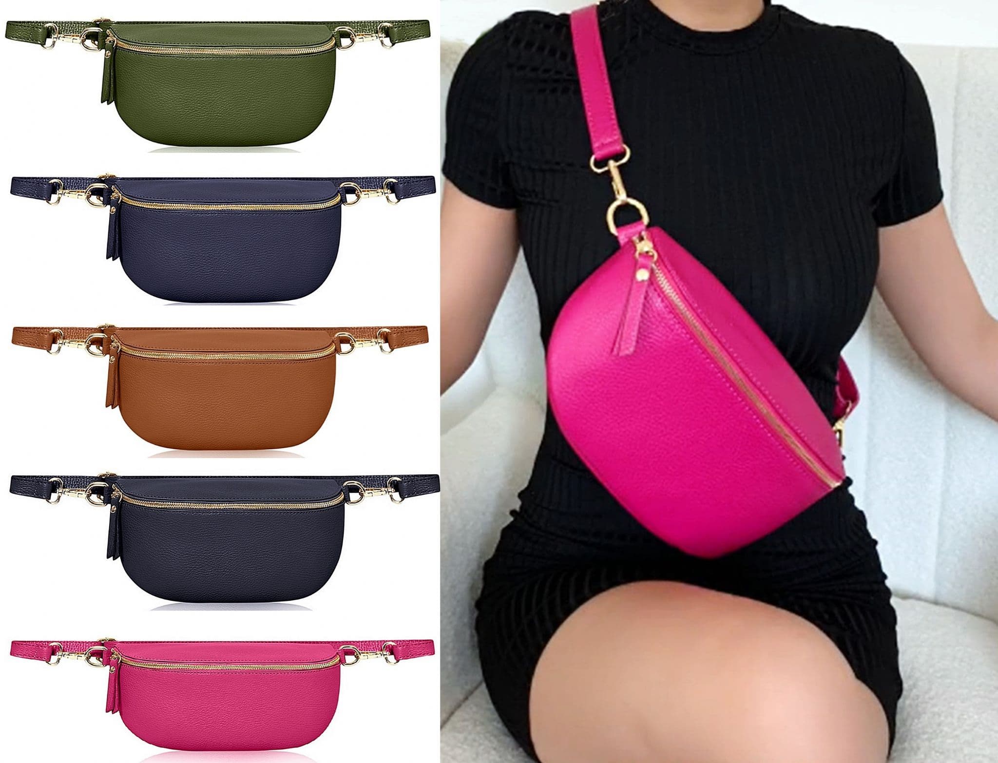 Leather Sling Bum Bag Crossbody Clutch Bag Multi Use Lighter Colours (Medium Size)