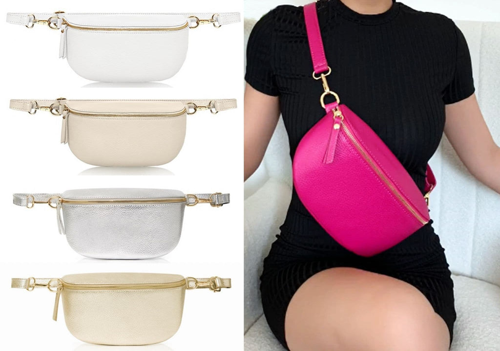 Leather Sling Bum Bag Crossbody Clutch Bag Multi Use Lighter Colours (Medium Size)