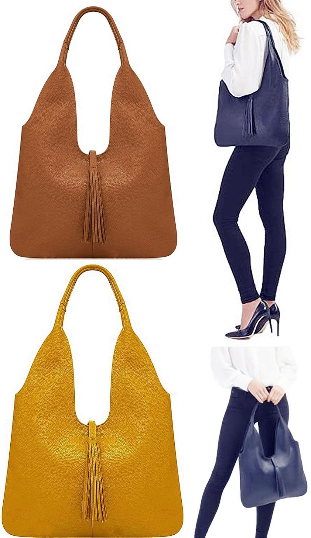 Leather Slouch Bag, Grained Italian Leather Slouch Shoulder Bag Handbag With Tassel Feature