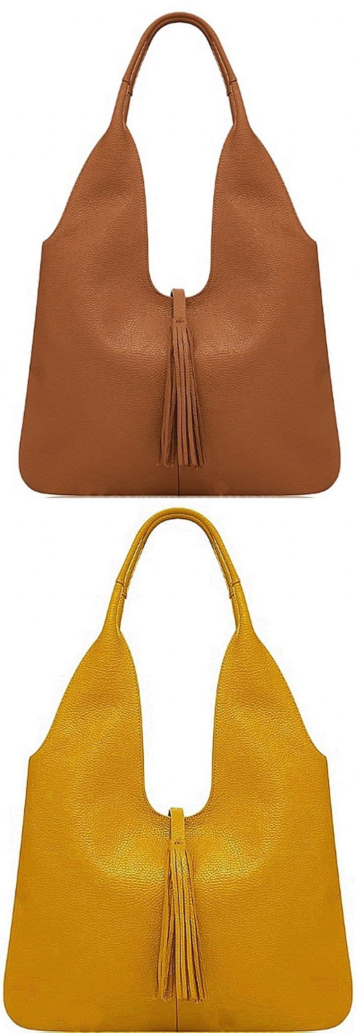 Leather Slouch Bag, Grained Italian Leather Slouch Shoulder Bag Handbag With Tassel Feature
