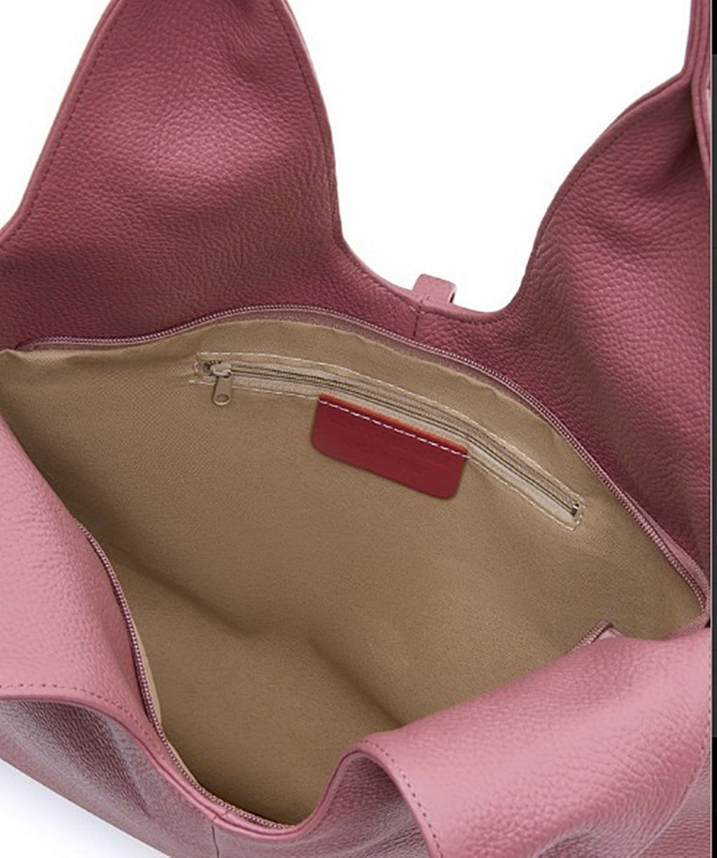 Leather Slouch Bag, Grained Italian Leather Slouch Shoulder Bag Handbag With Tassel Feature