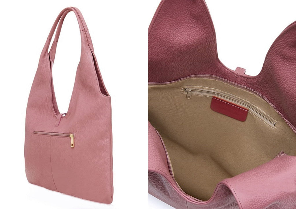 Leather Slouch Bag, Grained Italian Leather Slouch Shoulder Bag Handbag With Tassel Feature