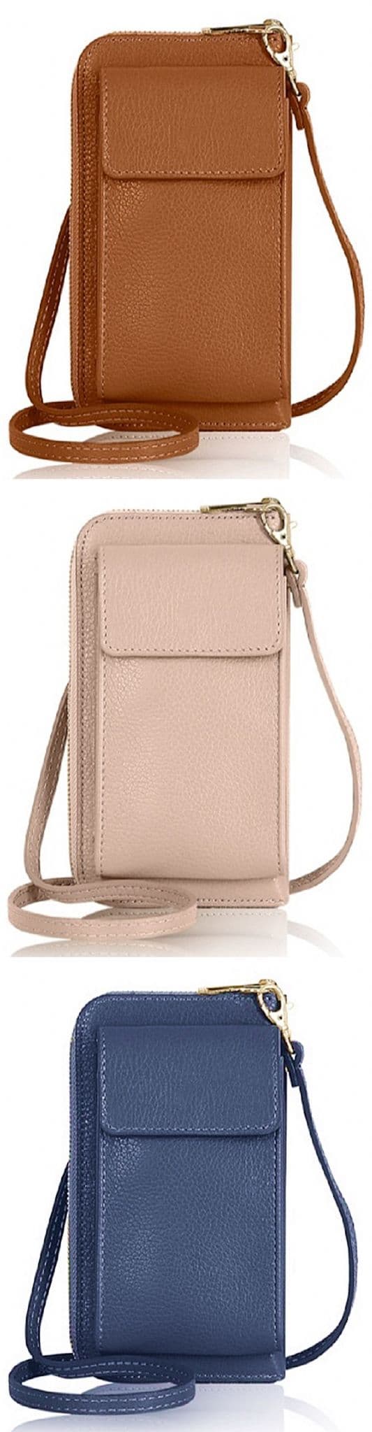 Luxury Italian Leather Mobile Phone Crossbody Shoulder Bag Pouch Wallet Purse Clutch  (Gold Trims)