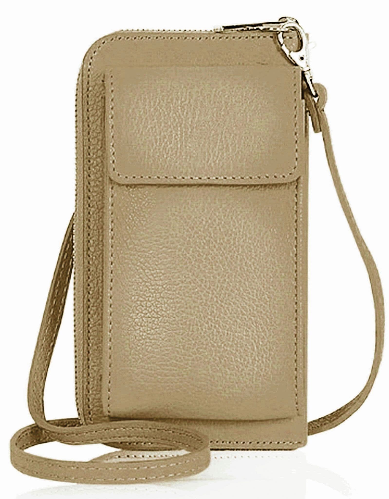 Mobile Phone Crossbody Shoulder Bag Pouch Wallet Purse Clutch Luxury Italian Leather (Silver Trims)