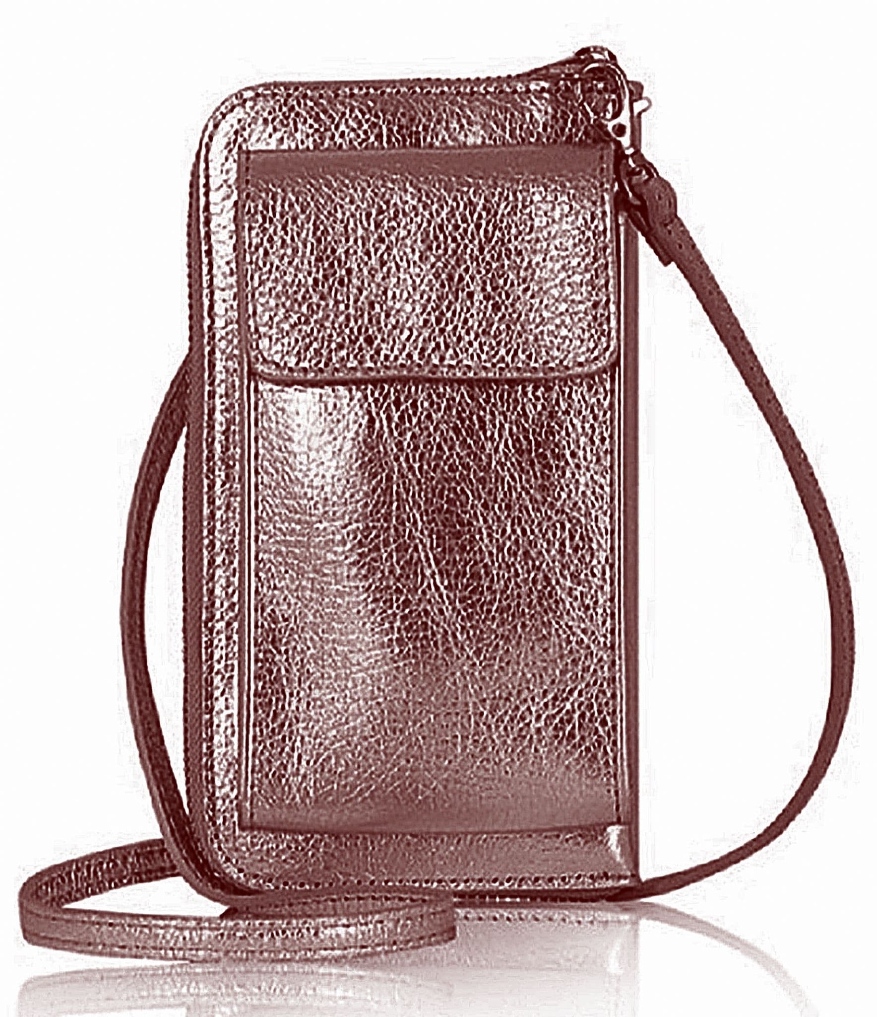 Mobile Phone Crossbody Shoulder Bag Pouch Wallet Purse Clutch Luxury Italian Leather (Silver Trims)