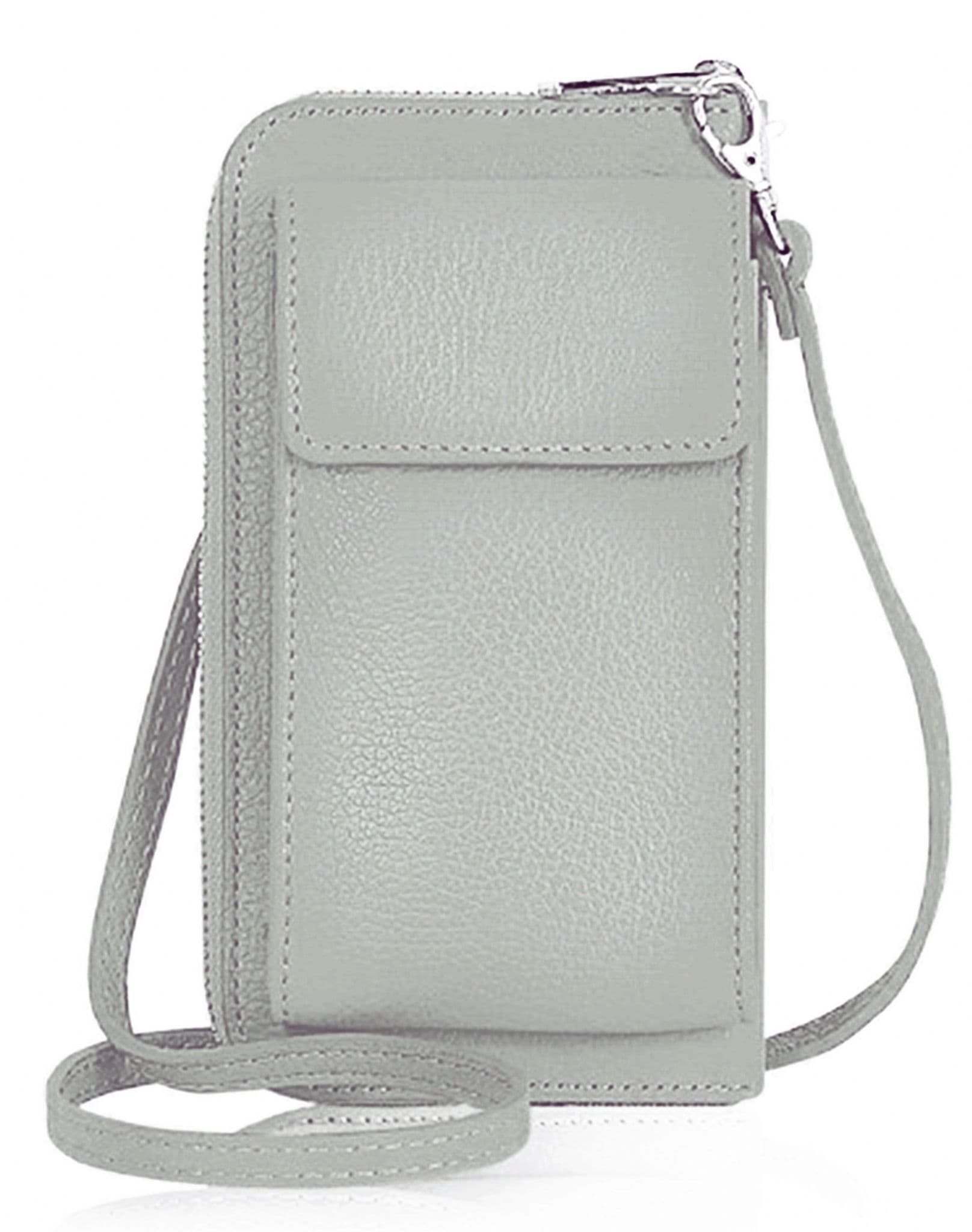 Mobile Phone Crossbody Shoulder Bag Pouch Wallet Purse Clutch Luxury Italian Leather (Silver Trims)