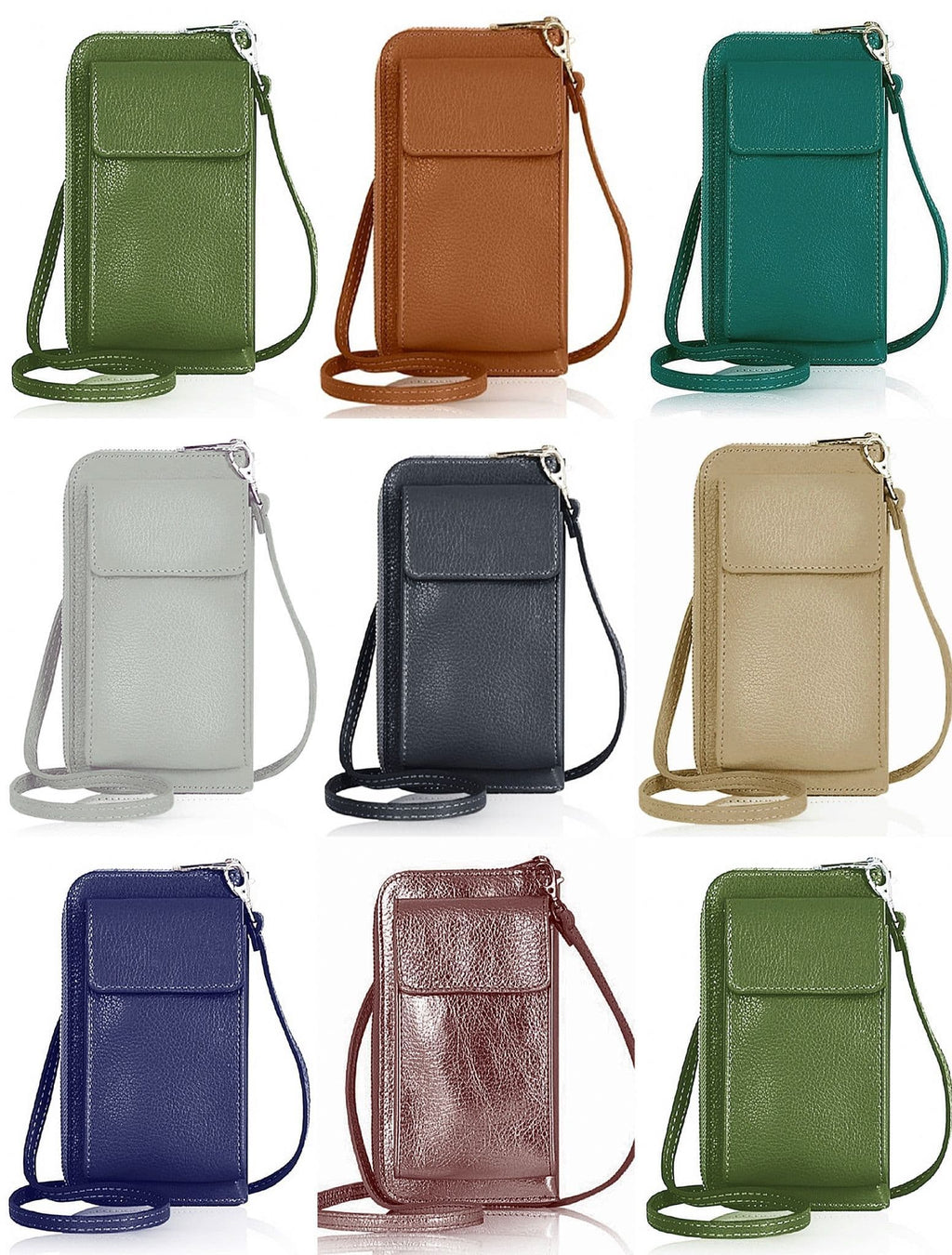 Mobile Phone Crossbody Shoulder Bag Pouch Wallet Purse Clutch Luxury Italian Leather (Silver Trims)