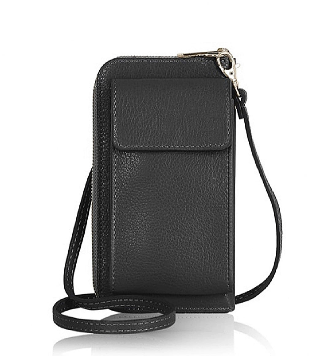Mobile Phone Crossbody Shoulder Bag Pouch Wallet Purse Clutch Luxury Italian Leather (Silver Trims)