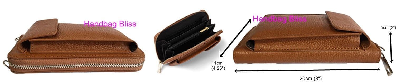 Mobile Phone Crossbody Shoulder Bag Pouch Wallet Purse Clutch Luxury Italian Leather (Silver Trims)