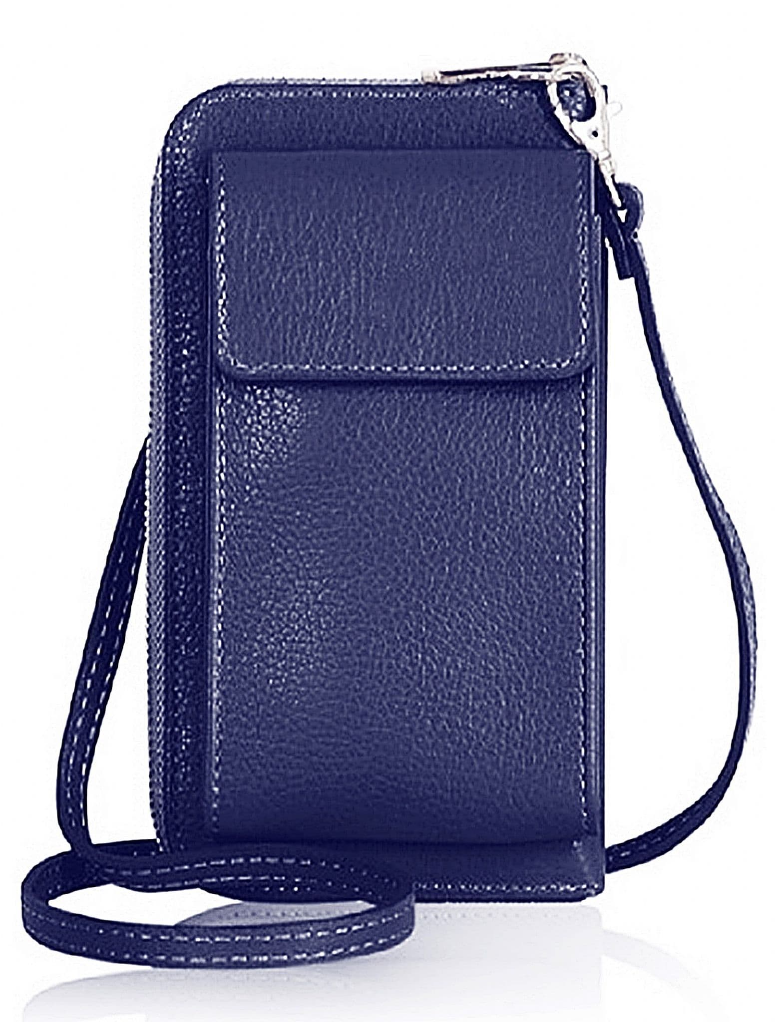 Mobile Phone Crossbody Shoulder Bag Pouch Wallet Purse Clutch Luxury Italian Leather (Silver Trims)