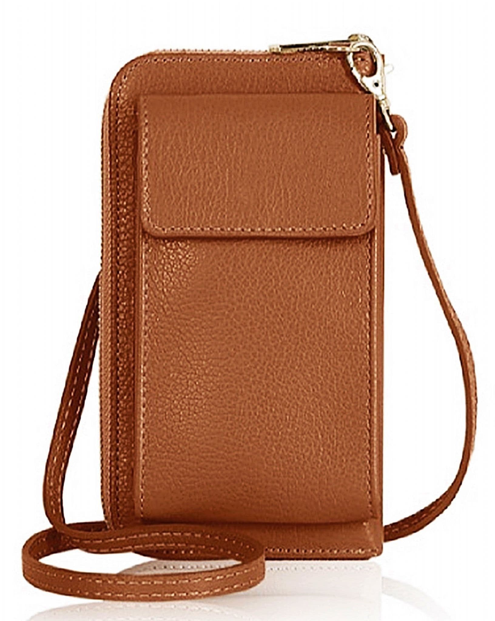 Mobile Phone Crossbody Shoulder Bag Pouch Wallet Purse Clutch Luxury Italian Leather (Silver Trims)