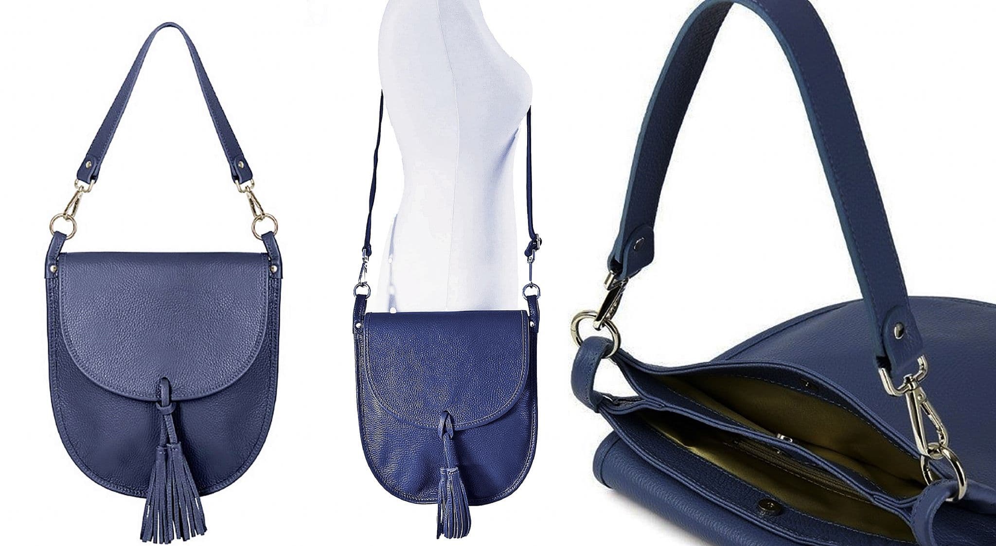 Navy Blue Italian Leather Saddle Crossbody Shoulder Bag With Tassel  2 Detachable Straps