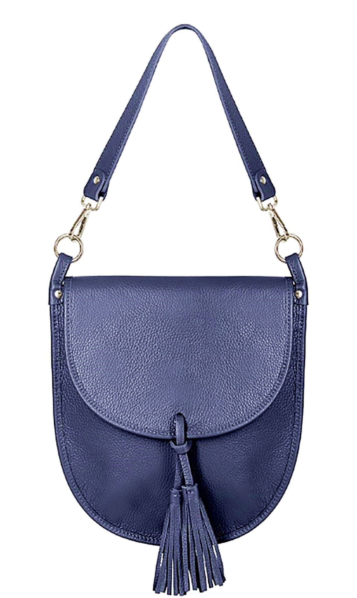 Navy Blue Italian Leather Saddle Crossbody Shoulder Bag With Tassel  2 Detachable Straps