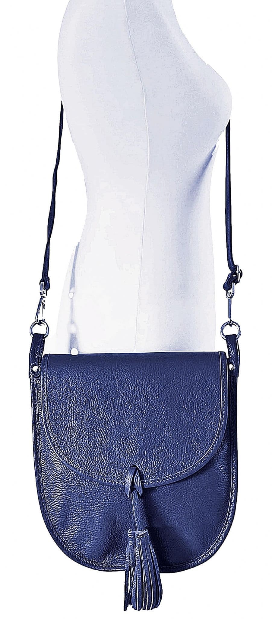 Navy Blue Italian Leather Saddle Crossbody Shoulder Bag With Tassel  2 Detachable Straps
