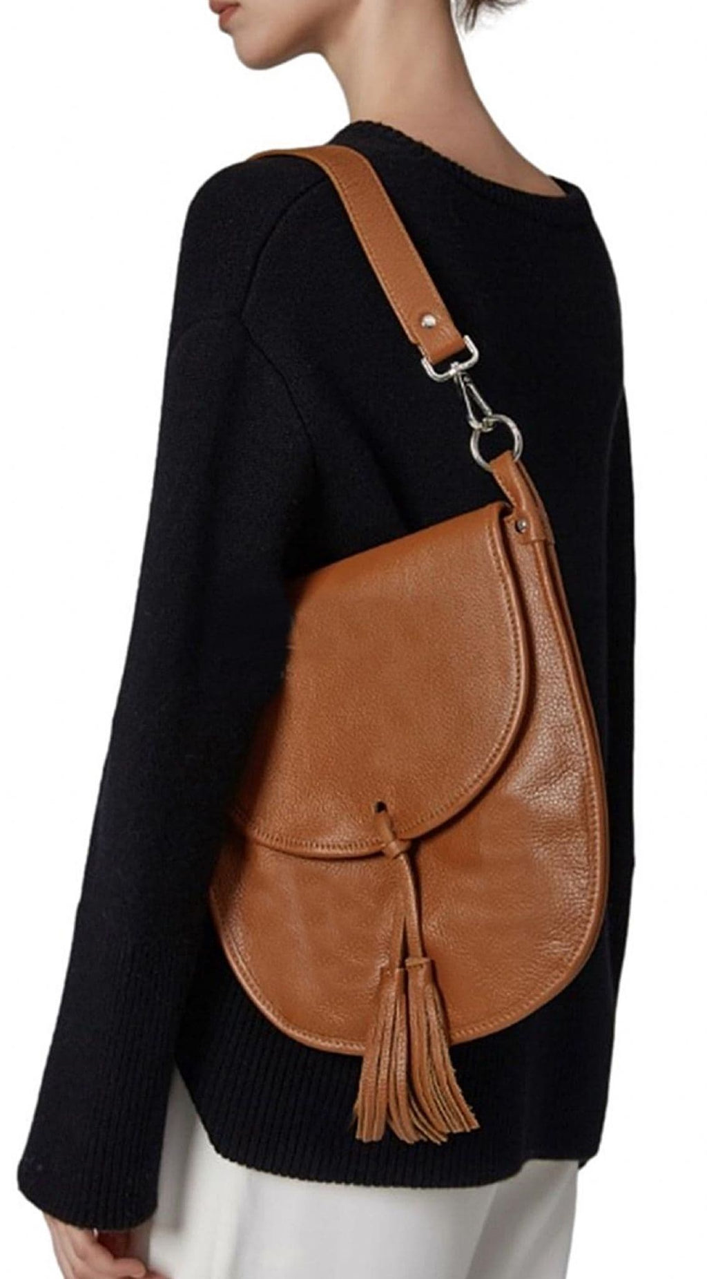 Navy Blue Italian Leather Saddle Crossbody Shoulder Bag With Tassel  2 Detachable Straps