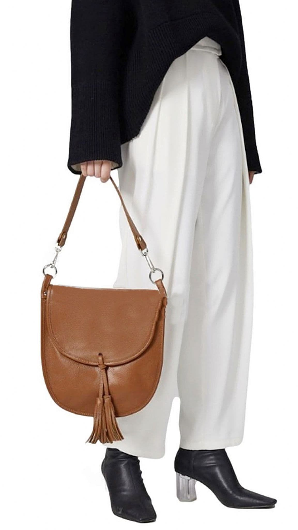 Navy Blue Italian Leather Saddle Crossbody Shoulder Bag With Tassel  2 Detachable Straps