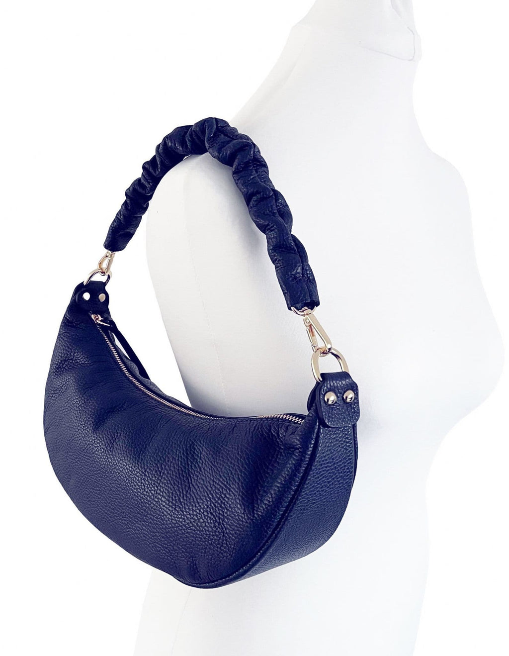 Navy Blue Ruched / Pleated Handle Boat Shape Bag, Italian Leather Shoulder Bag