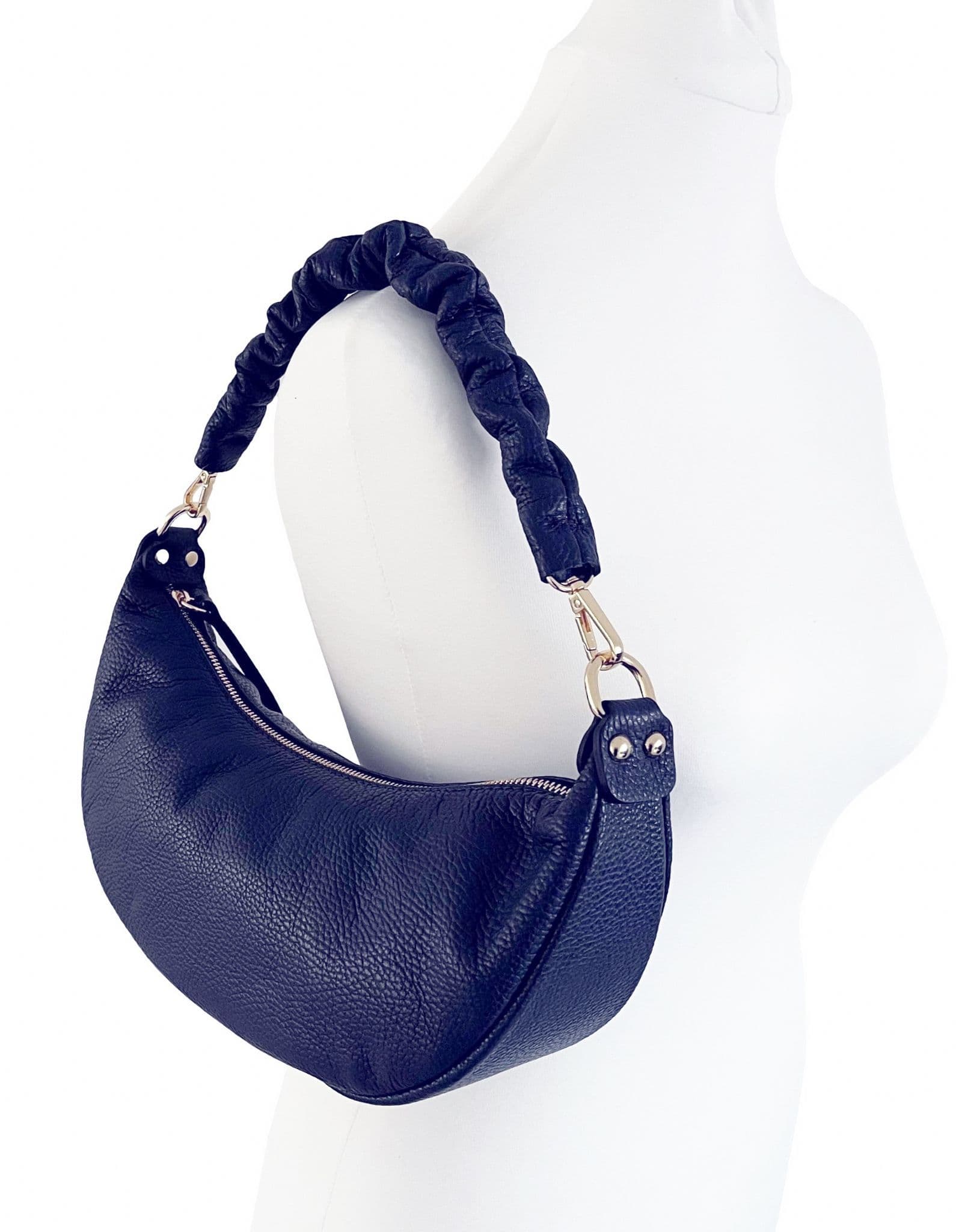 Navy Blue Ruched / Pleated Handle Boat Shape Bag, Italian Leather Shoulder Bag