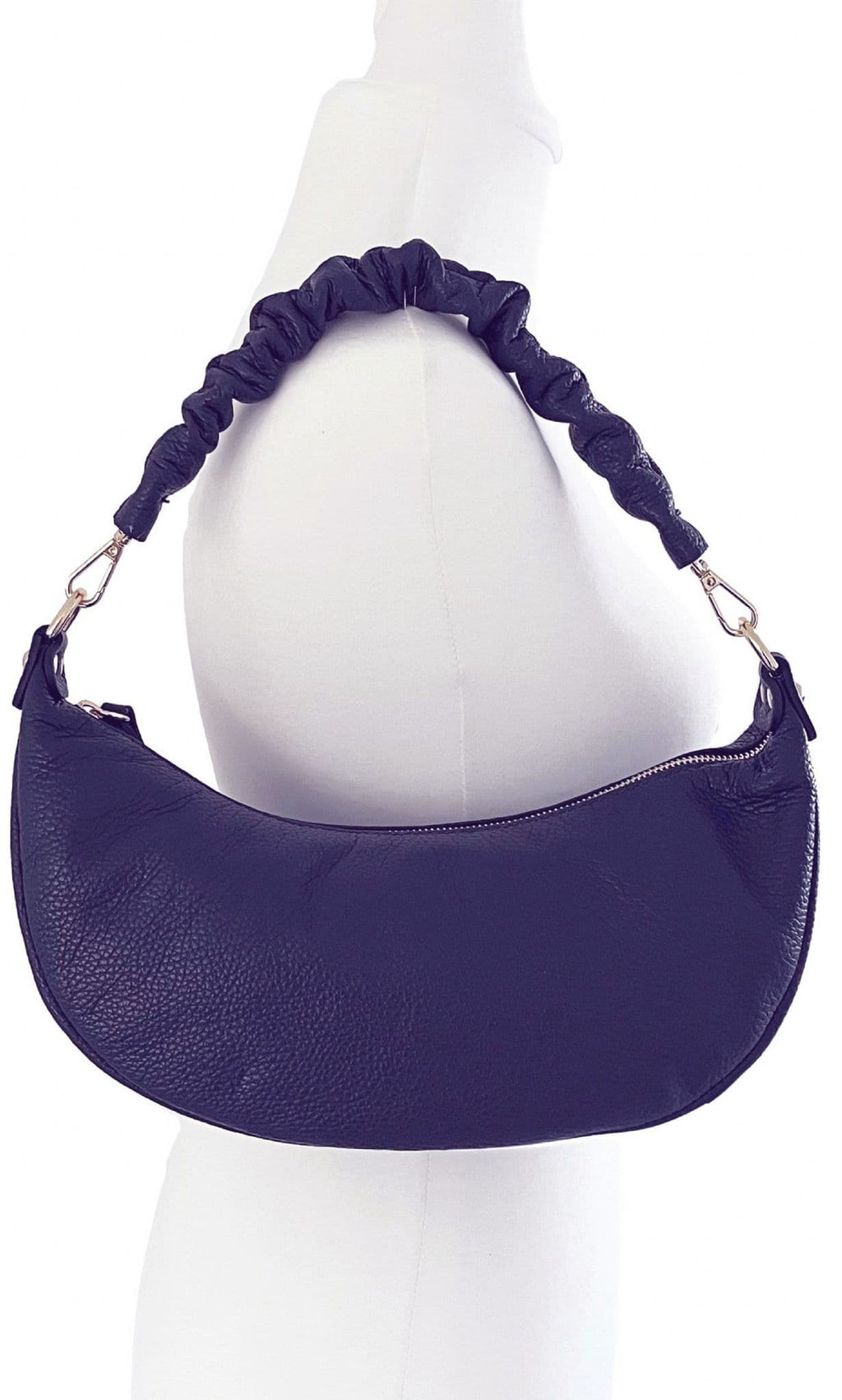 Navy Blue Ruched / Pleated Handle Boat Shape Bag, Italian Leather Shoulder Bag