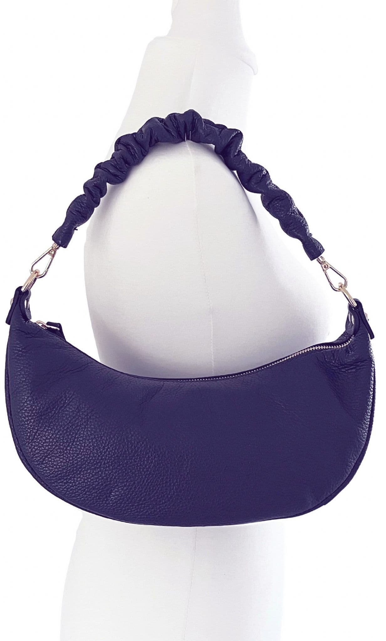 Navy Blue Ruched / Pleated Handle Boat Shape Bag, Italian Leather Shoulder Bag