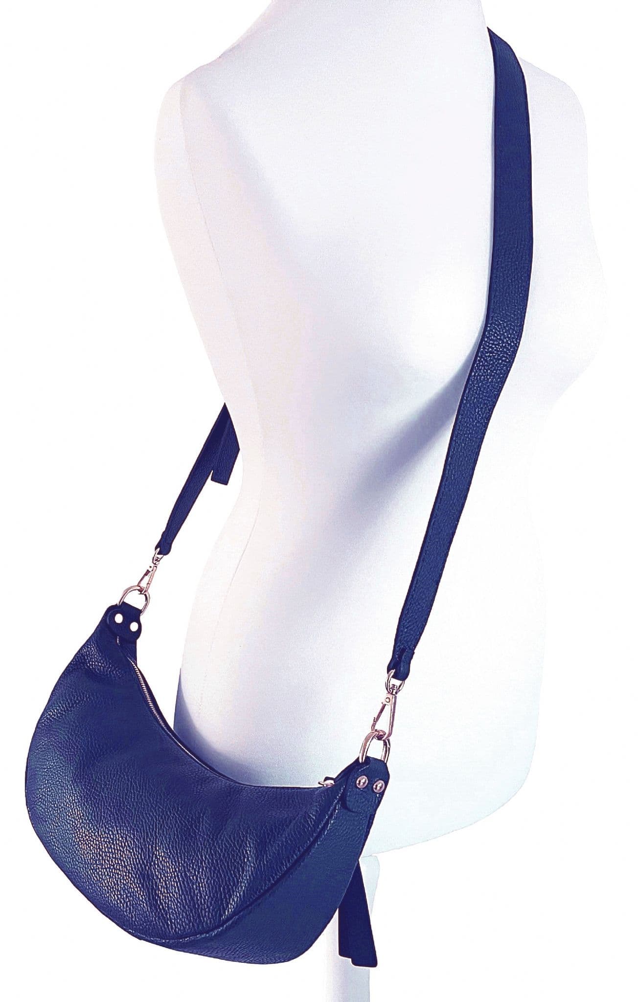 Navy Blue Ruched / Pleated Handle Boat Shape Bag, Italian Leather Shoulder Bag
