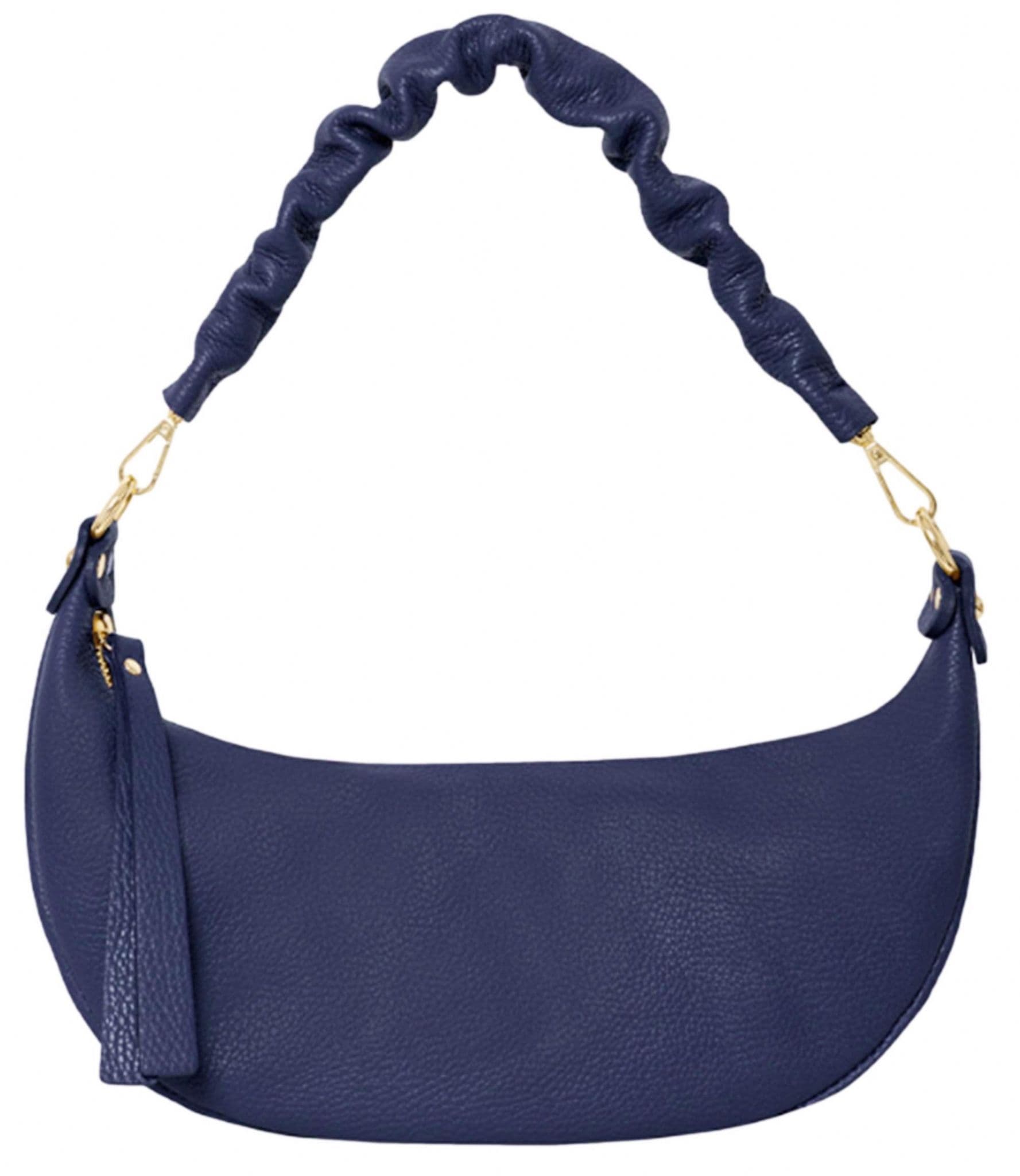 Navy Blue Ruched / Pleated Handle Boat Shape Bag, Italian Leather Shoulder Bag