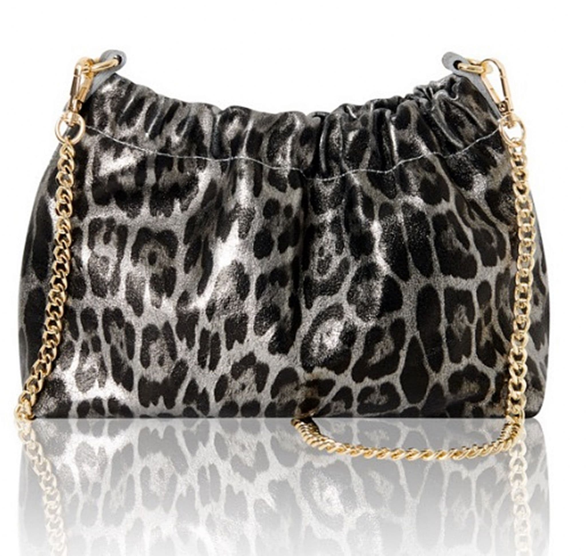 Leopard Animal Print Clutch Bag / Crossbody Bag Metallic Leather Gold Chain Detachable Strap
