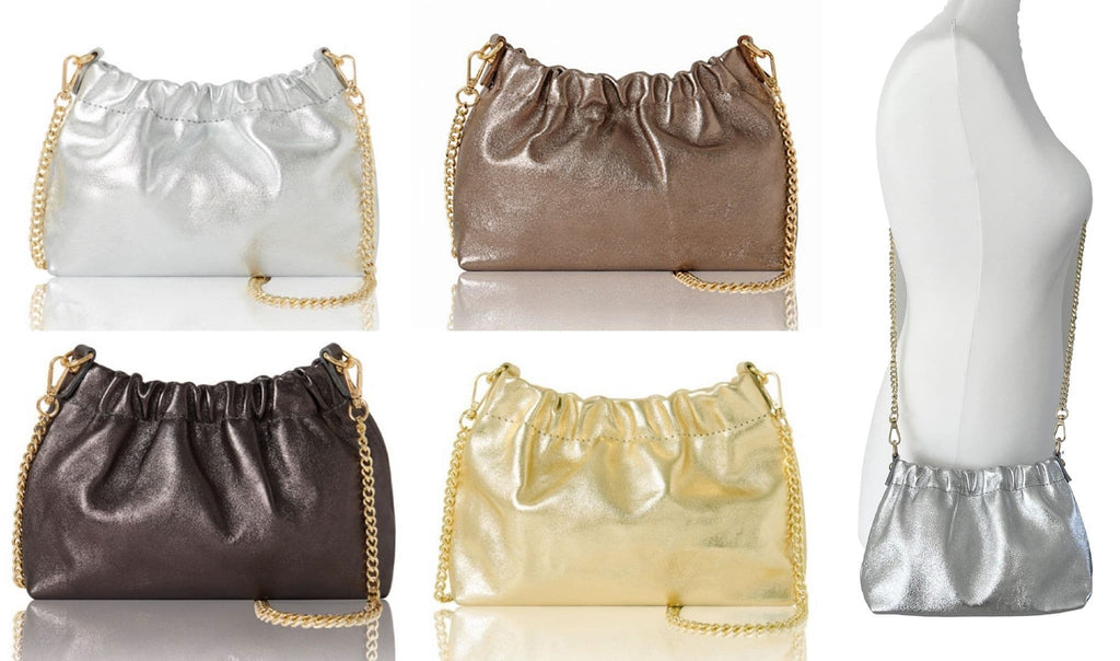Clutch Bag / Crossbody Bag Metallic Italian Leather Gold Chain Link Detachable Strap