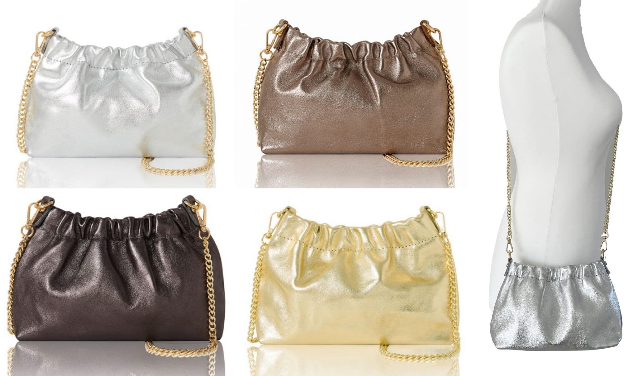 Clutch Bag / Crossbody Bag Metallic Italian Leather Gold Chain Link Detachable Strap