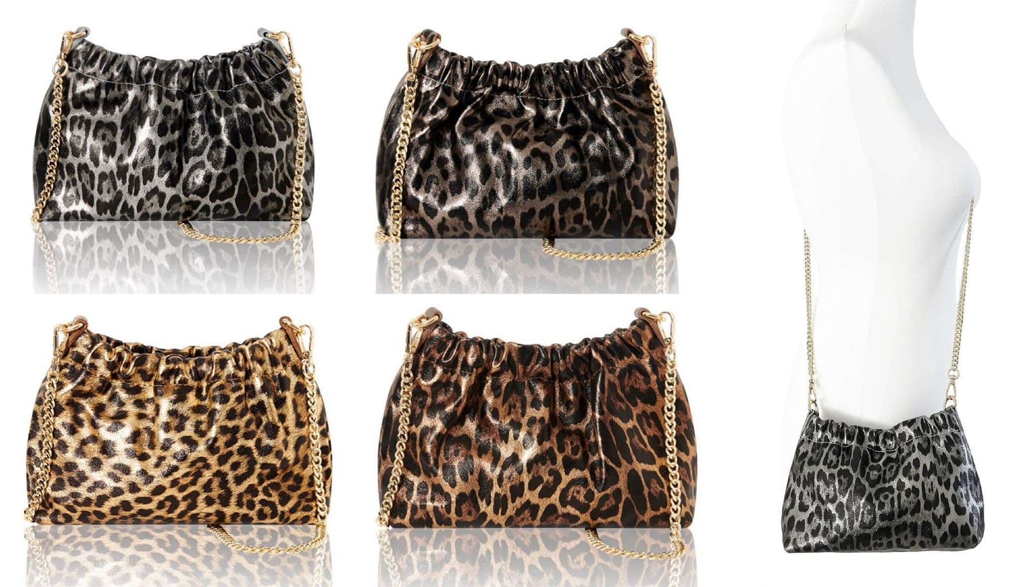 Leopard Animal Print Clutch Bag / Crossbody Bag Metallic Leather Gold Chain Detachable Strap