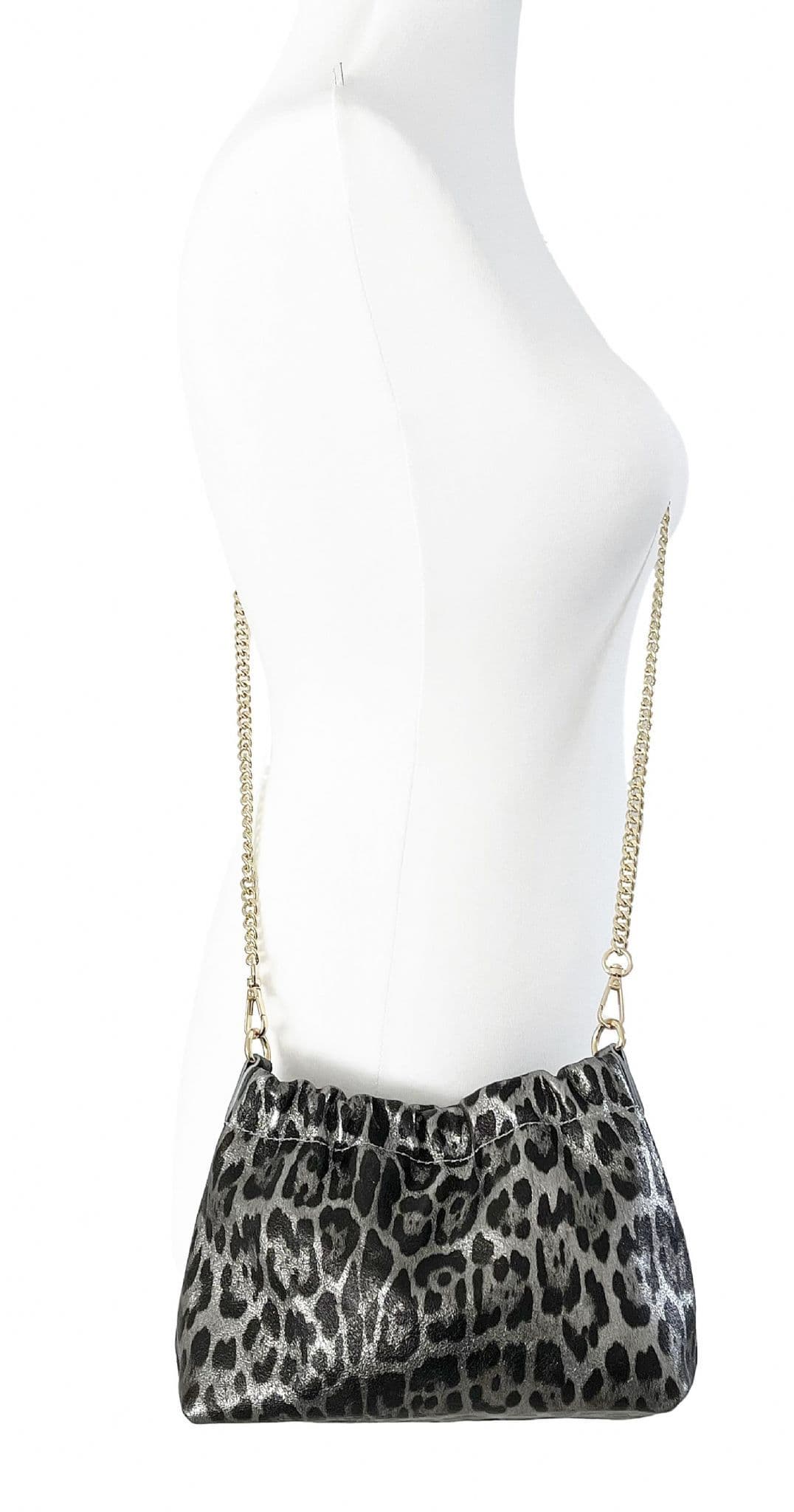 Leopard Animal Print Clutch Bag / Crossbody Bag Metallic Leather Gold Chain Detachable Strap