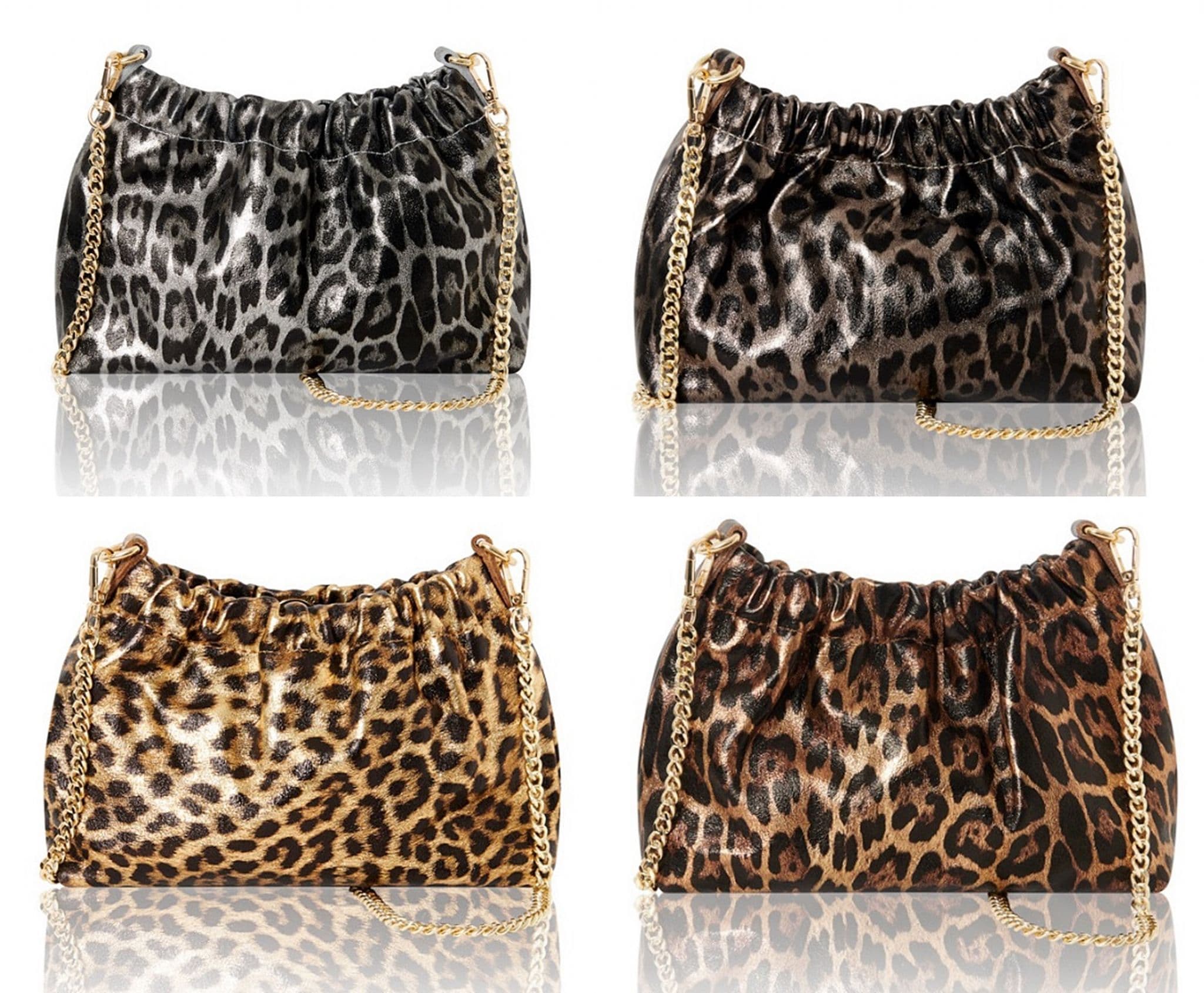 Leopard Animal Print Clutch Bag / Crossbody Bag Metallic Leather Gold Chain Detachable Strap