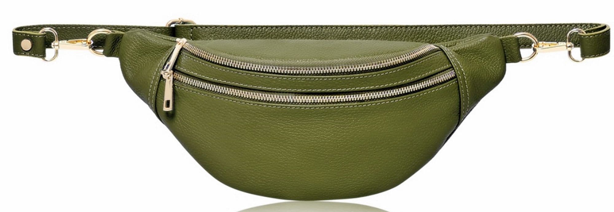 Olive Green Sling Bag Double Compartment Leather Bum Bag Crossbody Clutch Bag Multi Use