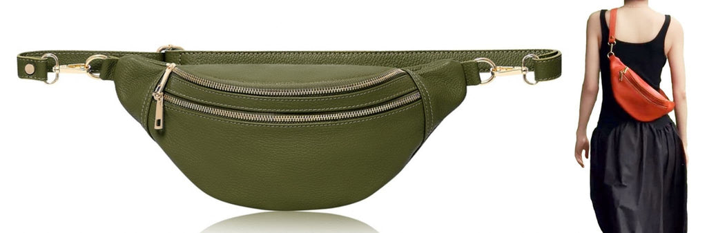 Olive Green Sling Bag Double Compartment Leather Bum Bag Crossbody Clutch Bag Multi Use