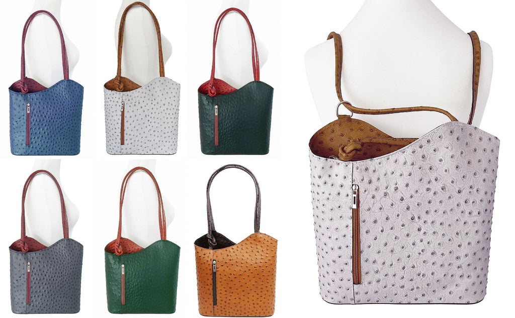 Ostrich Print Handbag Shoulder Bag Backpack Rucksack Genuine Italian Leather (Lighter Colours)