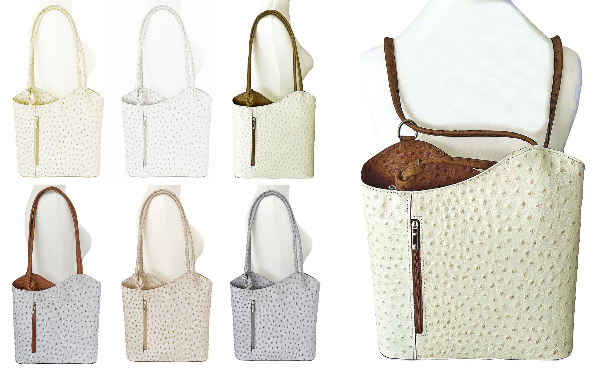 Ostrich Print Handbag Shoulder Bag Backpack Rucksack Genuine Italian Leather (Lighter Colours)