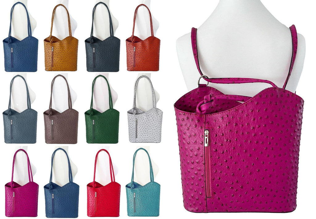 Ostrich Print Handbag Shoulder Bag Backpack Rucksack Genuine Italian Leather (Lighter Colours)