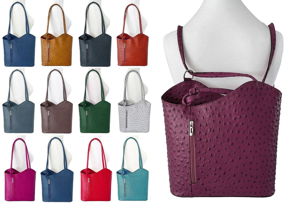 Ostrich Print Handbag Shoulder Bag Backpack Rucksack Genuine Italian Leather (One Colour)