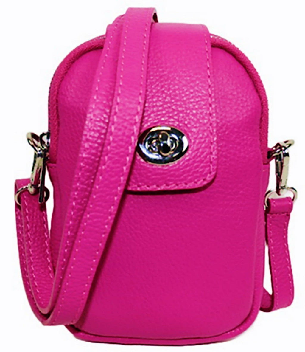 Pink Leather Crossbody Bag  Double Compartment Pouch Shoulder Bag, Clutch Bag, Italian Leather