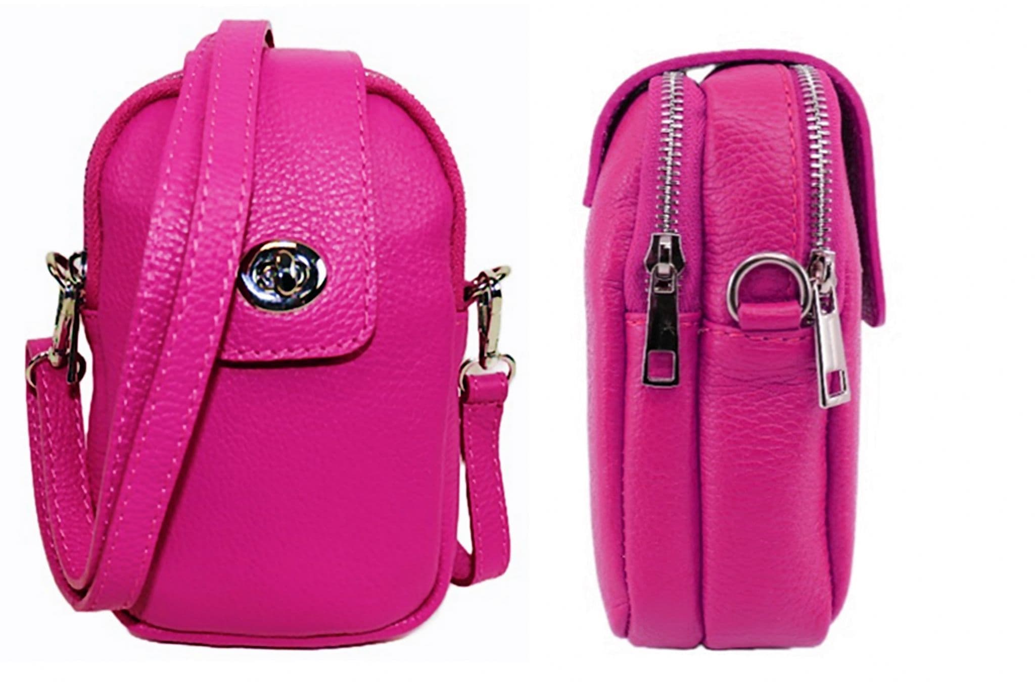 Pink Leather Crossbody Bag  Double Compartment Pouch Shoulder Bag, Clutch Bag, Italian Leather