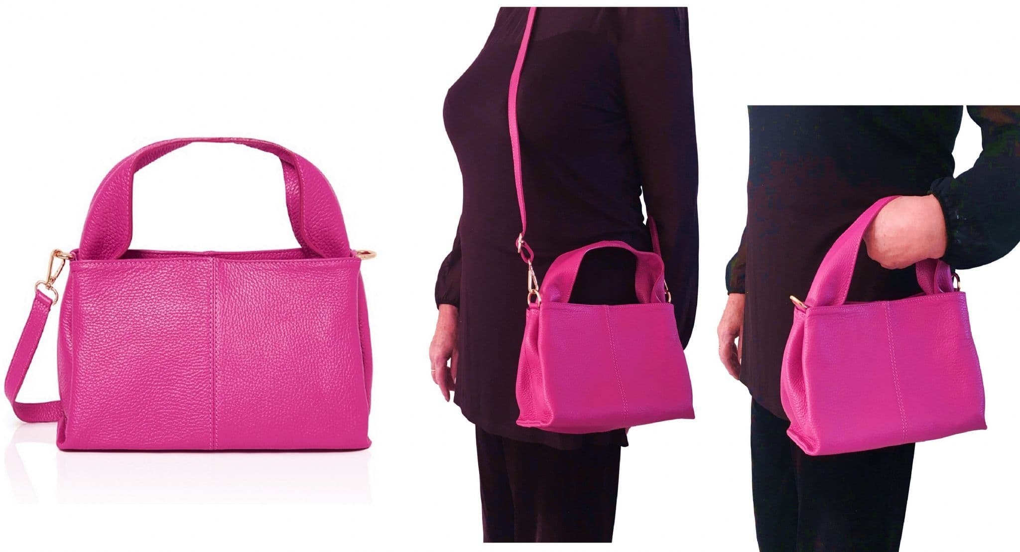 Pink Leather Grab Bag  Pink Crossbody Bag Italian Leather Wide Handle Bag Shoulder Bag