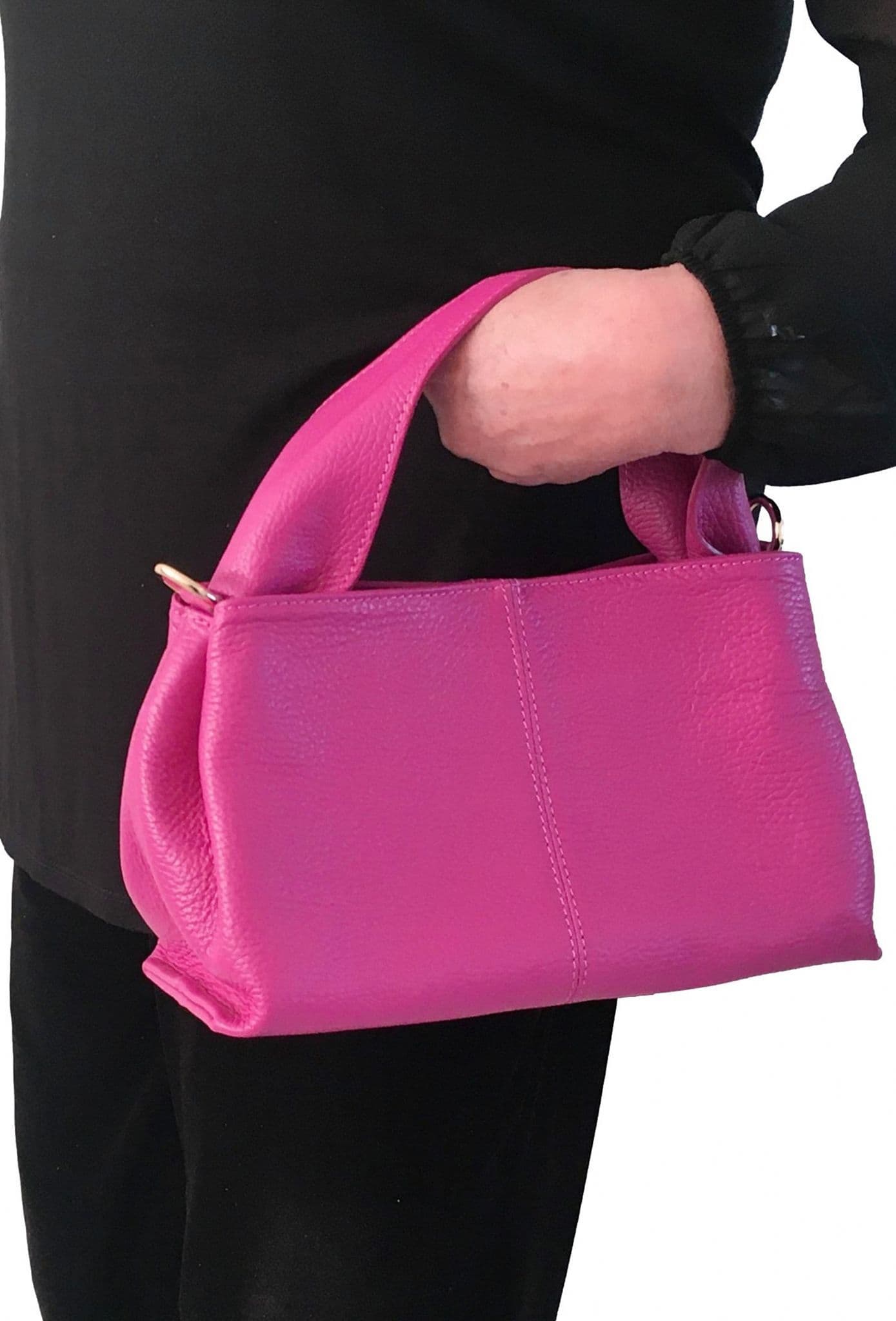 Pink Leather Grab Bag  Pink Crossbody Bag Italian Leather Wide Handle Bag Shoulder Bag