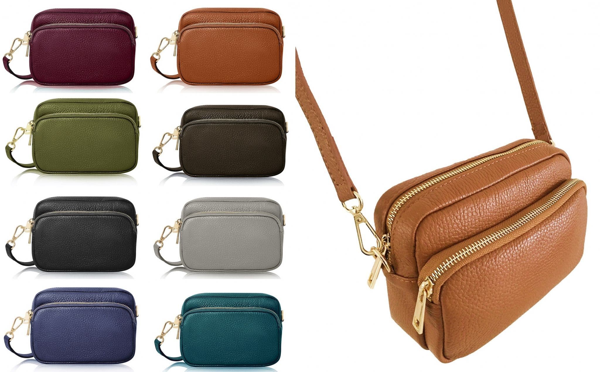 Small Crossbody Shoulder Bag Double Zipped & Compartments Italian Leather Handbag  (Lighter Colours)