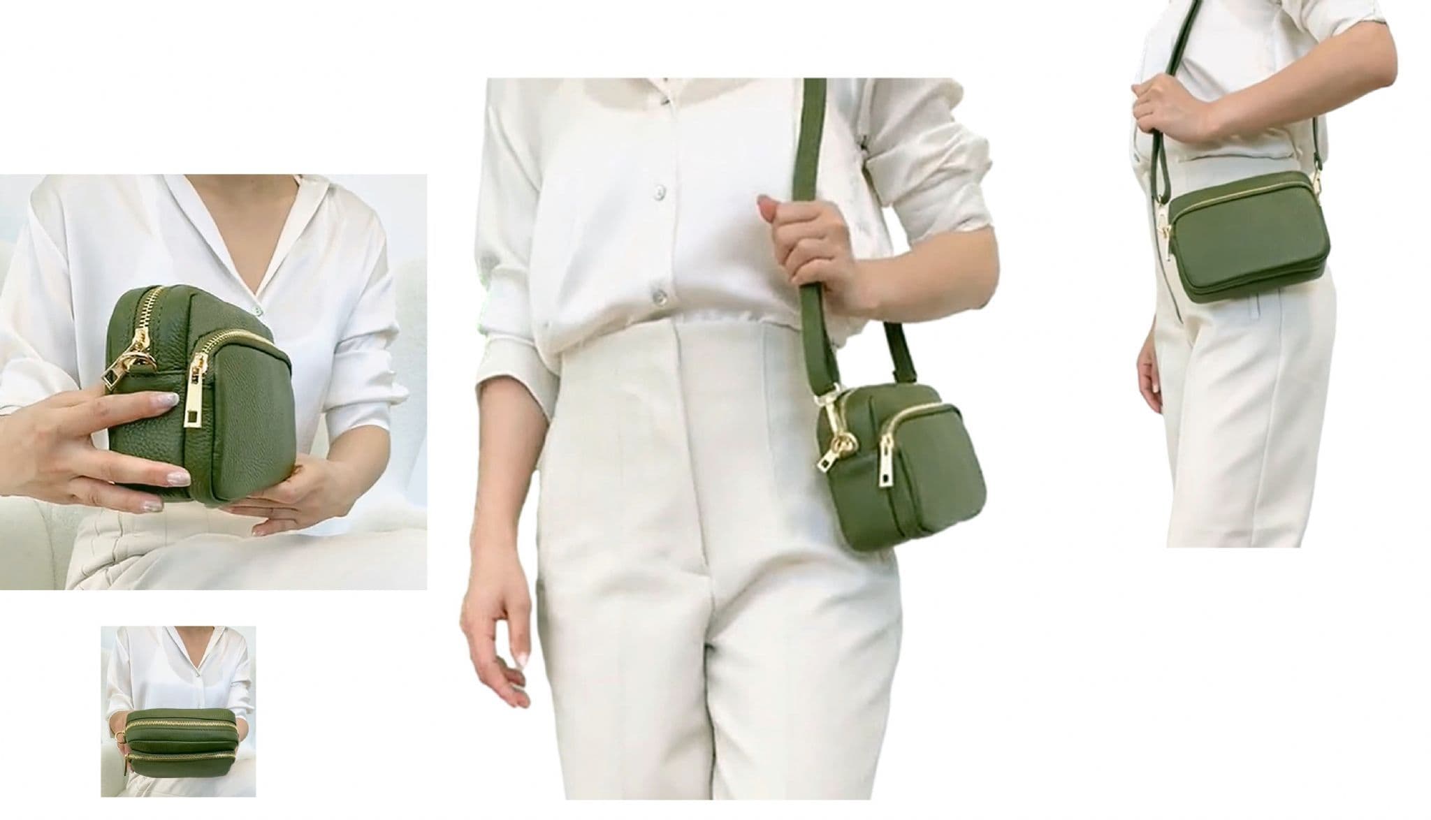Small Crossbody Shoulder Bag Double Zipped & Compartments Italian Leather Handbag  (Lighter Colours)